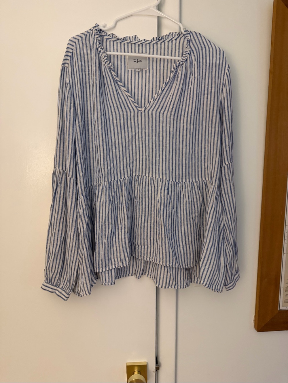 Rails White and Blue Striped V-Neck Peplum Blouse